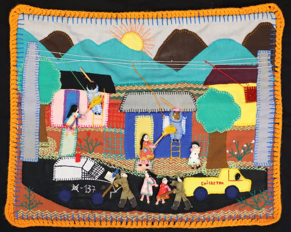 Figure 4. Chilectra Disconnecting Power Lines, embroidered textile, 15x19 inches, 1976, Museum of Latin American Art, Long Beach, California.