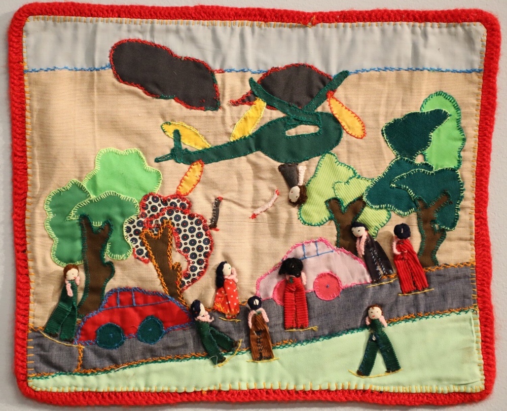 Figure 2. Disposal of Bodies into the Sea, embroidered textile, 16x19 inches, n.d, Museum of Latin American Art, Long Beach, California.