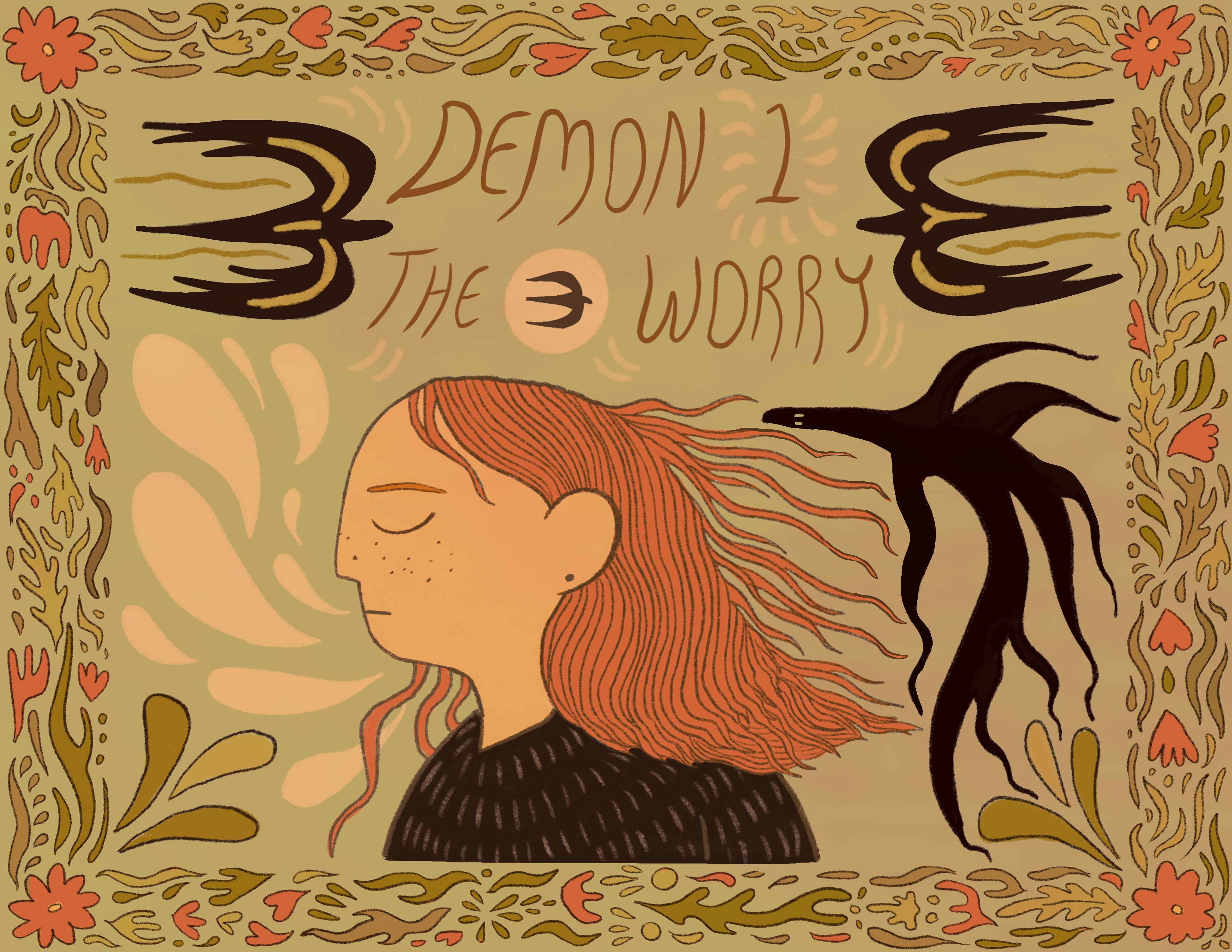 Comic cover. Illustration of a girl with birds and words that say "Demon 1, The Worry"