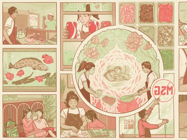 A graphic comic of a chinese takeout restaurant.