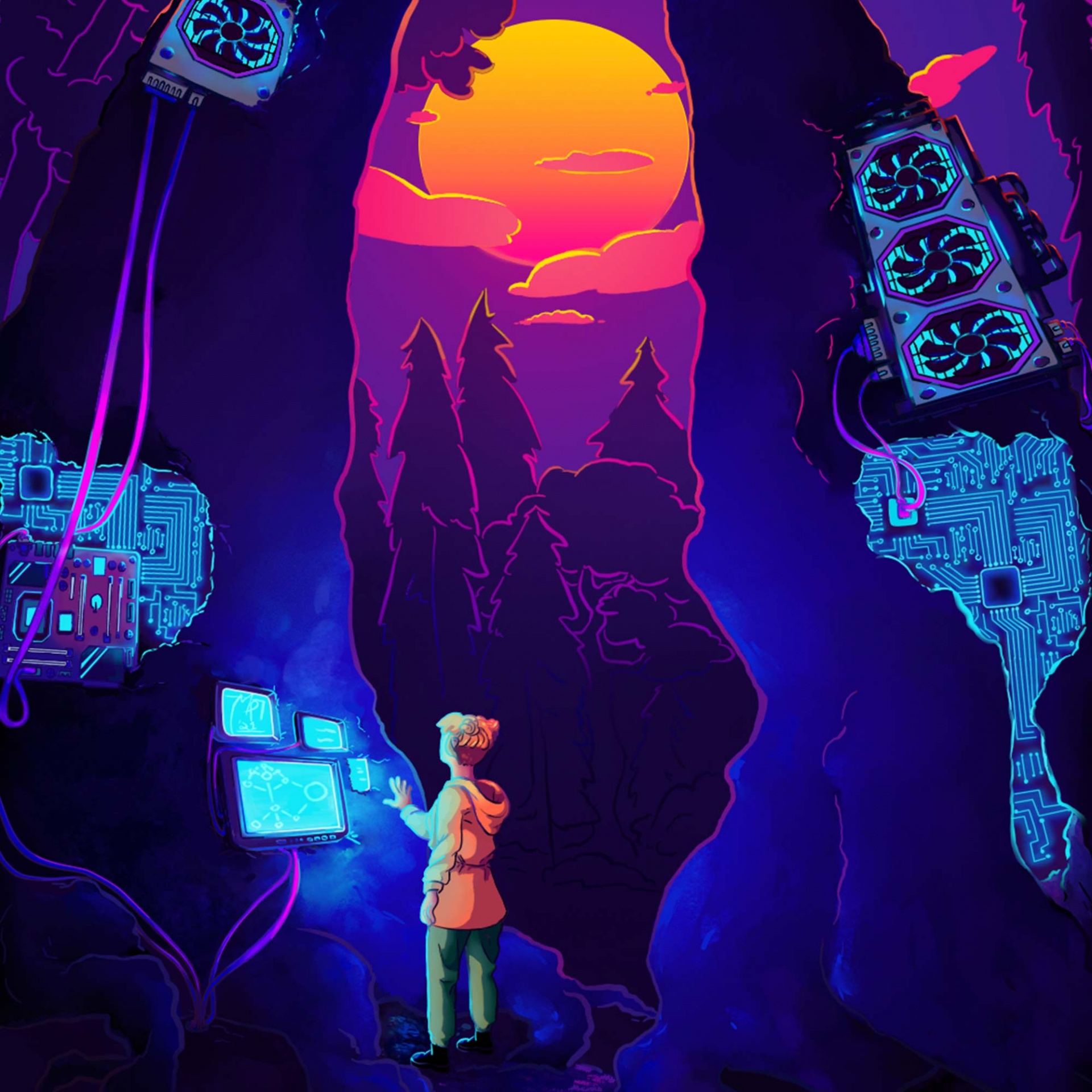 An illustration of a person in a purple forest. The trees have computer circuits.