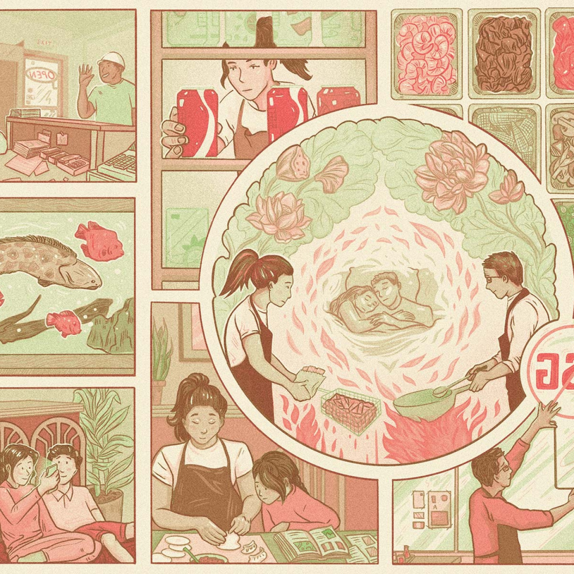 A graphic comic of a chinese takeout restaurant.