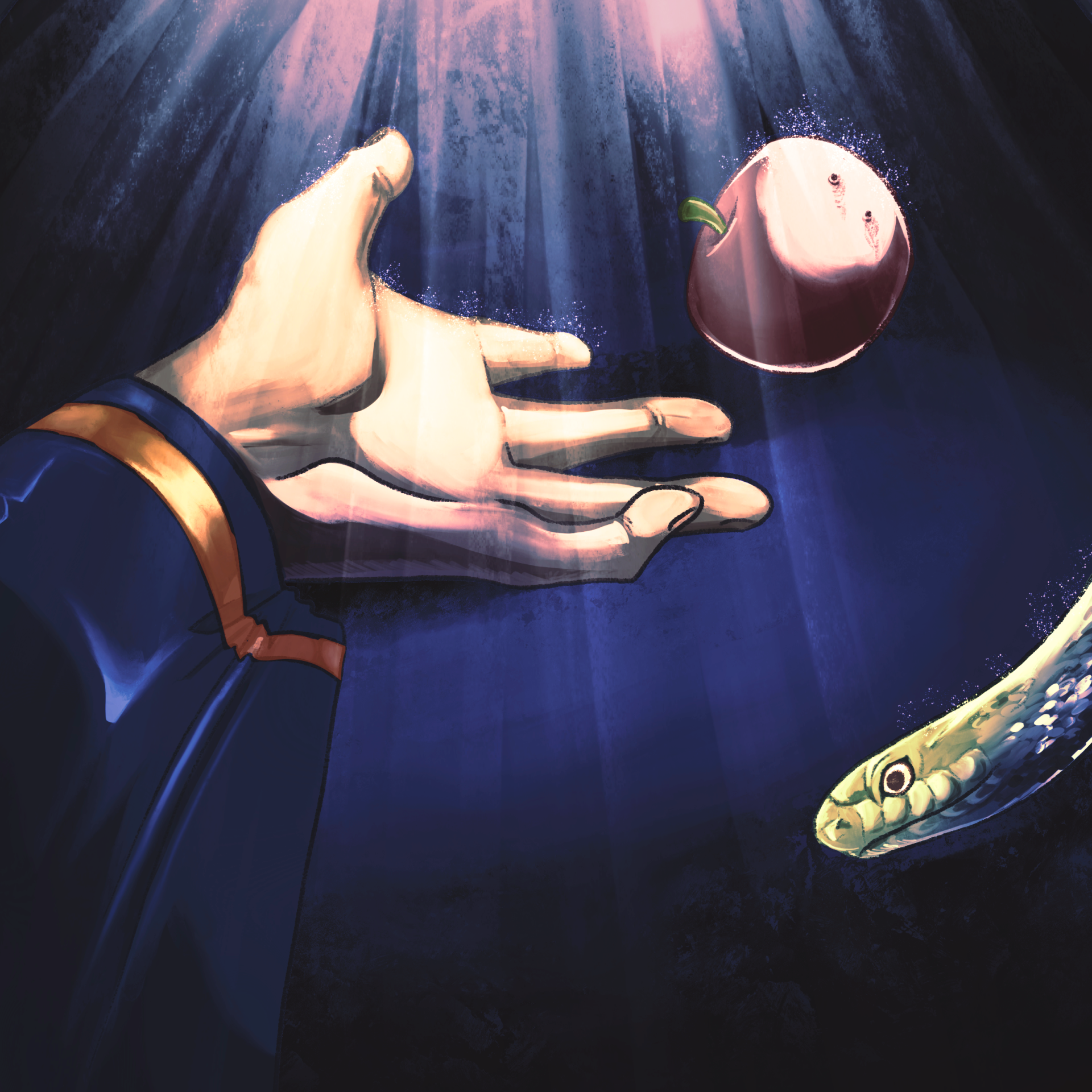 Illustration of a hand, an apple, and a snake.